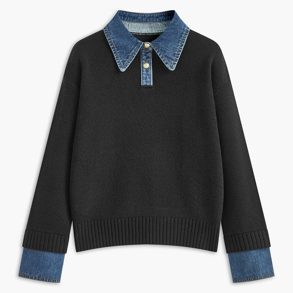 Suéter de mujer – Corte relajado – Punto suave – Cuello camisero y puños de mezclilla