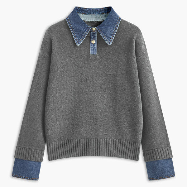 Suéter de mujer – Corte relajado – Punto suave – Cuello camisero y puños de mezclilla