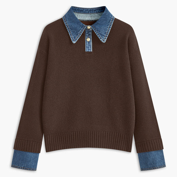 Suéter de mujer – Corte relajado – Punto suave – Cuello camisero y puños de mezclilla