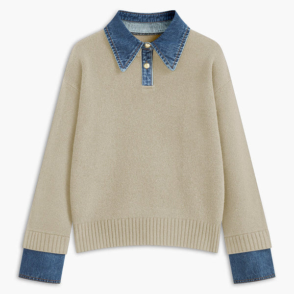Suéter de mujer – Corte relajado – Punto suave – Cuello camisero y puños de mezclilla
