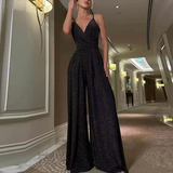 Mono de mujer – Sin mangas – Cuello halter – Drapeado – Piernas anchas – Tejido brillante