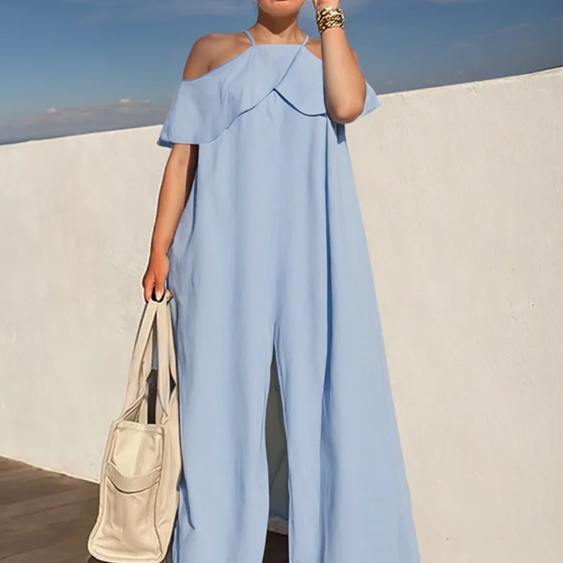 Mono de mujer – Hombros descubiertos – Pierna ancha – Tirantes estilo halter – Estilo casual