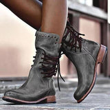 Botas de piel para mujer - Media pantorrilla - Cordones y tachuelas decorativas - Tacón cuadrado