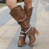 Botas altas para mujer - Piel elegante - Tacón de bloque cómodo - Detalles con tachuelas a la moda