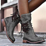 Botas de piel para mujer - Media pantorrilla - Cordones y tachuelas decorativas - Tacón cuadrado
