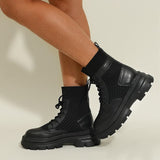 Botines de mujer - Piel y malla - Cordones ajustables - Suela gruesa y cómoda