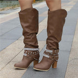 Botas altas para mujer - Piel elegante - Tacón de bloque cómodo - Detalles con tachuelas a la moda