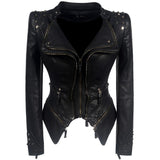 Chaqueta biker para mujer – Corte entallado – Efecto piel – Hombros con tachuelas – Detalles de cremallera