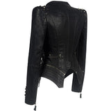 Chaqueta biker para mujer – Corte entallado – Efecto piel – Hombros con tachuelas – Detalles de cremallera
