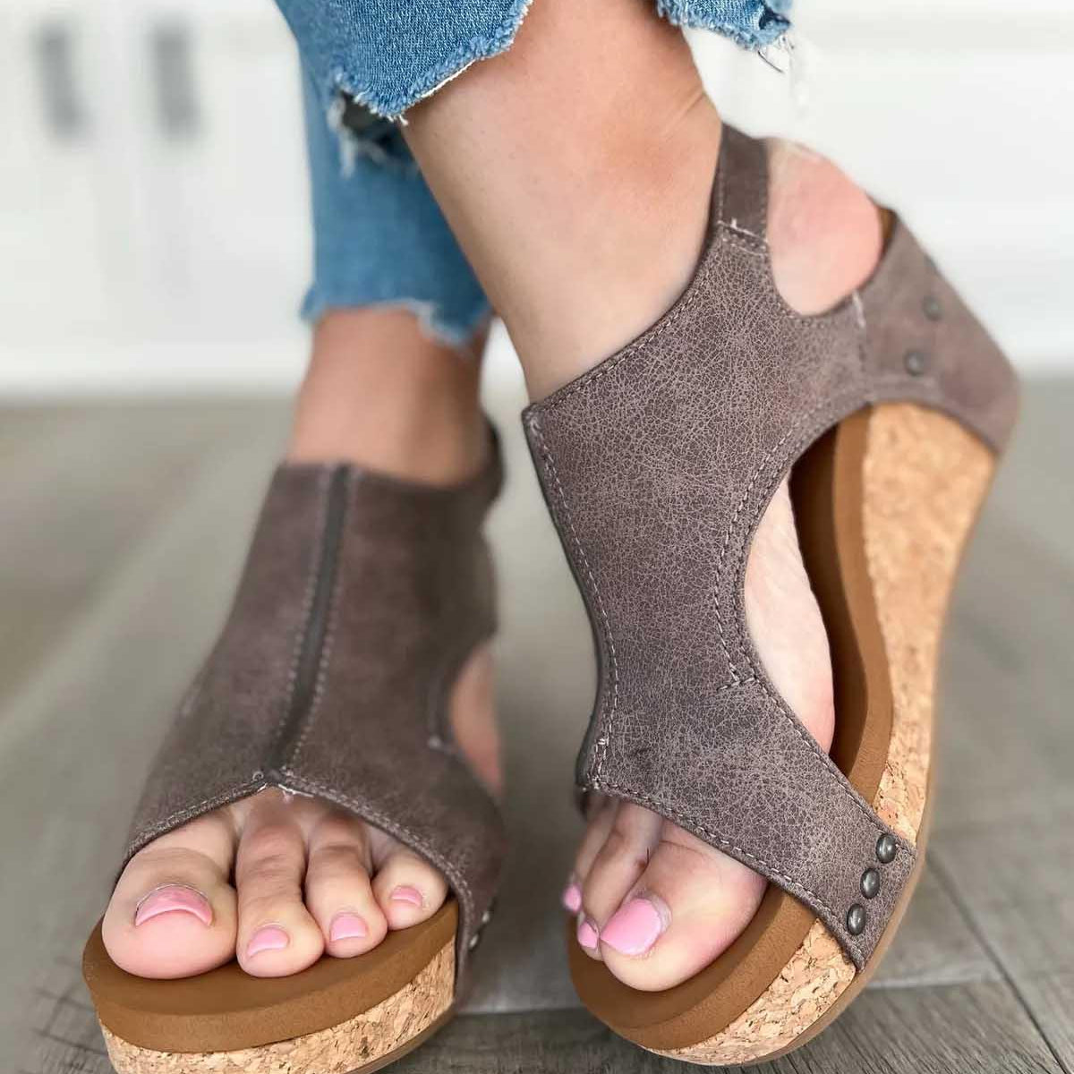 Sandalias de mujer – Punta abierta ergonómica – Suela de corcho – Diseño calado elegante