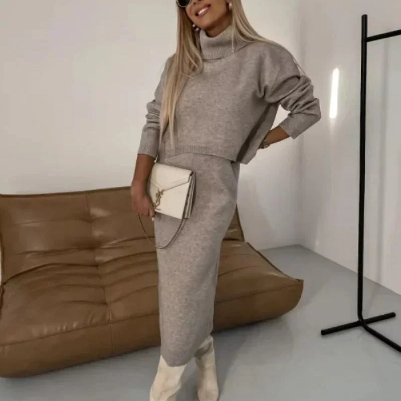 Conjunto de mujer: suéter de cuello alto extragrande y falda tubo midi de punto cómodo