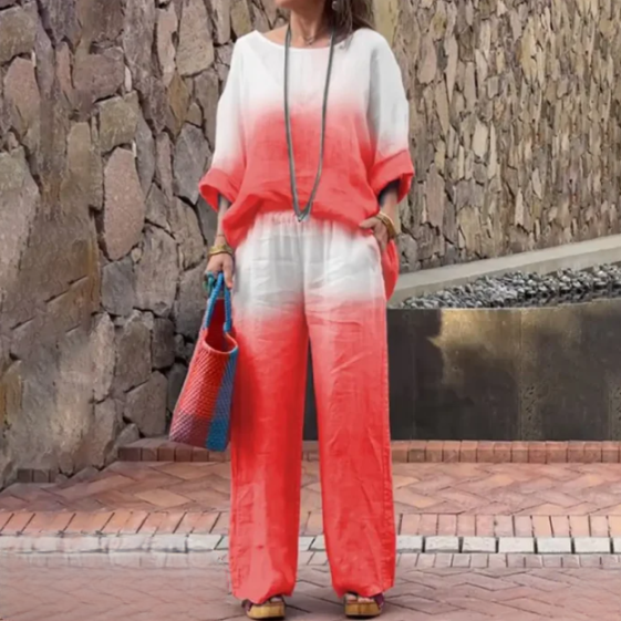 Conjunto para mujer: Top holgado con cuello barco y mangas murciélago + Pantalón ancho con cintura elástica