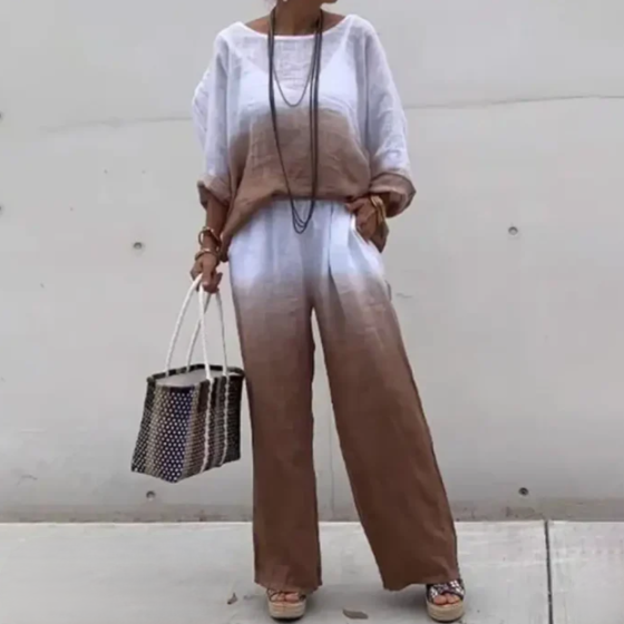 Conjunto para mujer: Top holgado con cuello barco y mangas murciélago + Pantalón ancho con cintura elástica