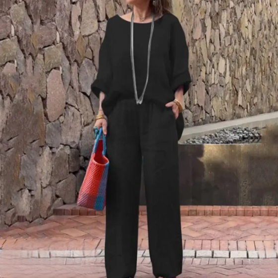 Conjunto para mujer: Top holgado con cuello barco y mangas murciélago + Pantalón ancho con cintura elástica