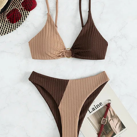 Bikini para mujer – Top push-up con aros – Cintura alta – Malla acanalada cómoda