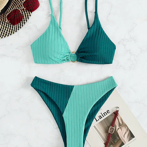 Bikini para mujer – Top push-up con aros – Cintura alta – Malla acanalada cómoda