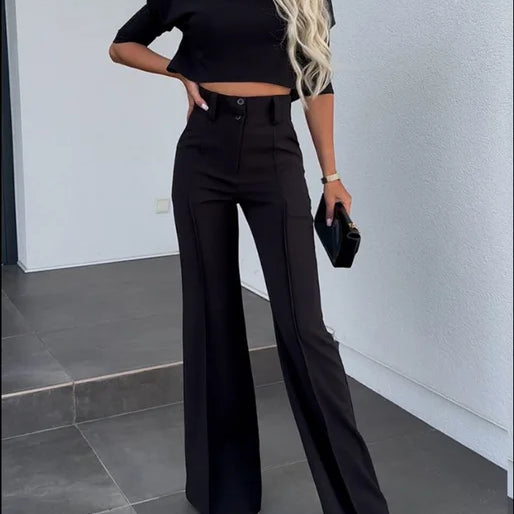 Conjunto de mujer: top corto ajustado de manga corta y pantalón ancho de cintura alta