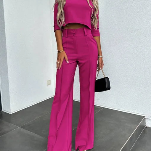 Conjunto de mujer: top corto ajustado de manga corta y pantalón ancho de cintura alta