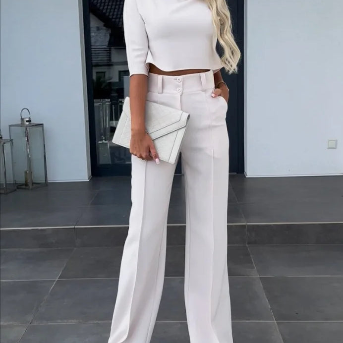 Conjunto de mujer: top corto ajustado de manga corta y pantalón ancho de cintura alta