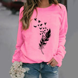 Sudadera de mujer – Corte holgado – Algodón suave – Cuello redondo – Estampado de plumas estilizadas