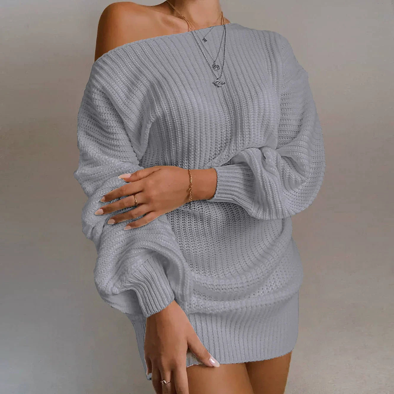 Vestido de punto para mujer – Lana – Hombros descubiertos – Mangas abullonadas – Corte holgado