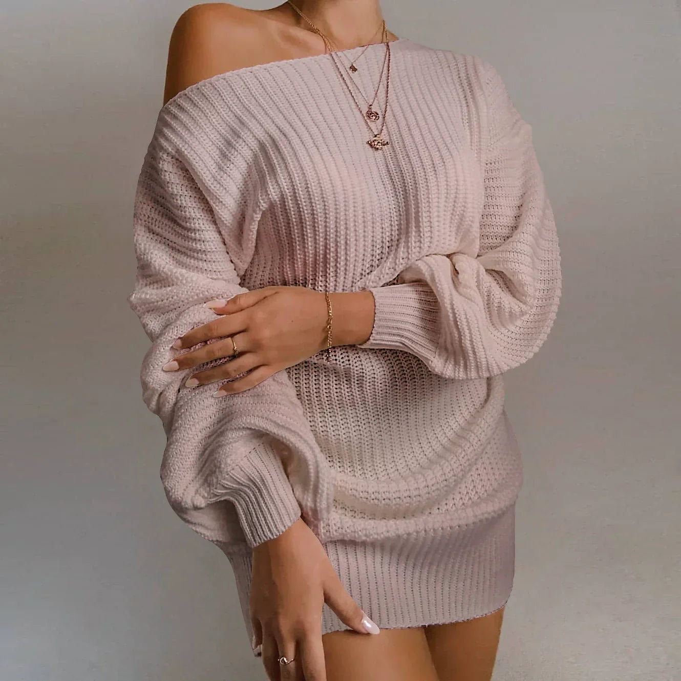 Vestido de punto para mujer – Lana – Hombros descubiertos – Mangas abullonadas – Corte holgado