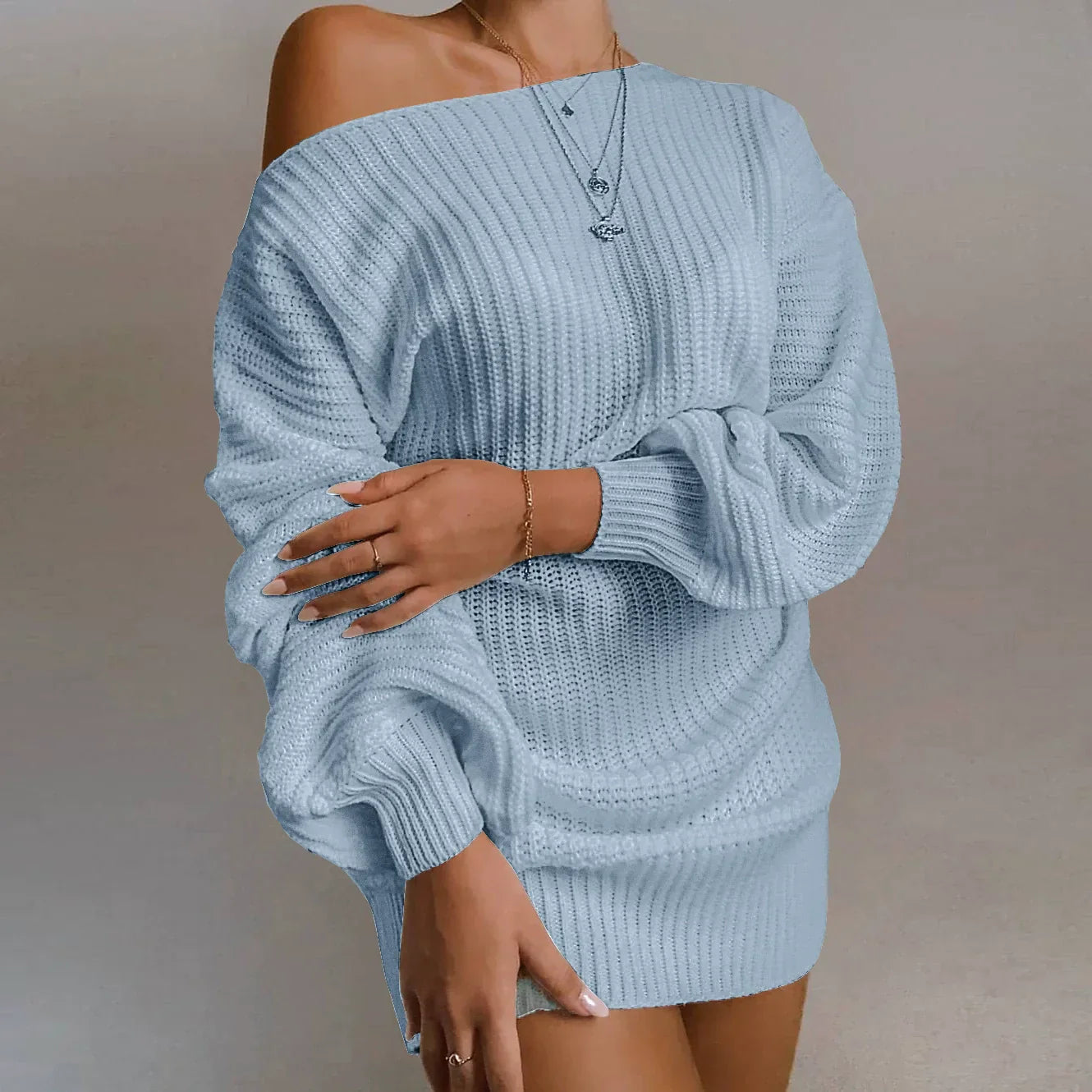 Vestido de punto para mujer – Lana – Hombros descubiertos – Mangas abullonadas – Corte holgado