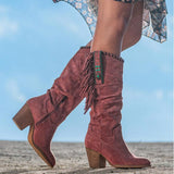 Botas altas para mujer – Ante – Flecos – Estilo western – Tacón cuadrado