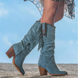 Botas altas para mujer – Ante – Flecos – Estilo western – Tacón cuadrado