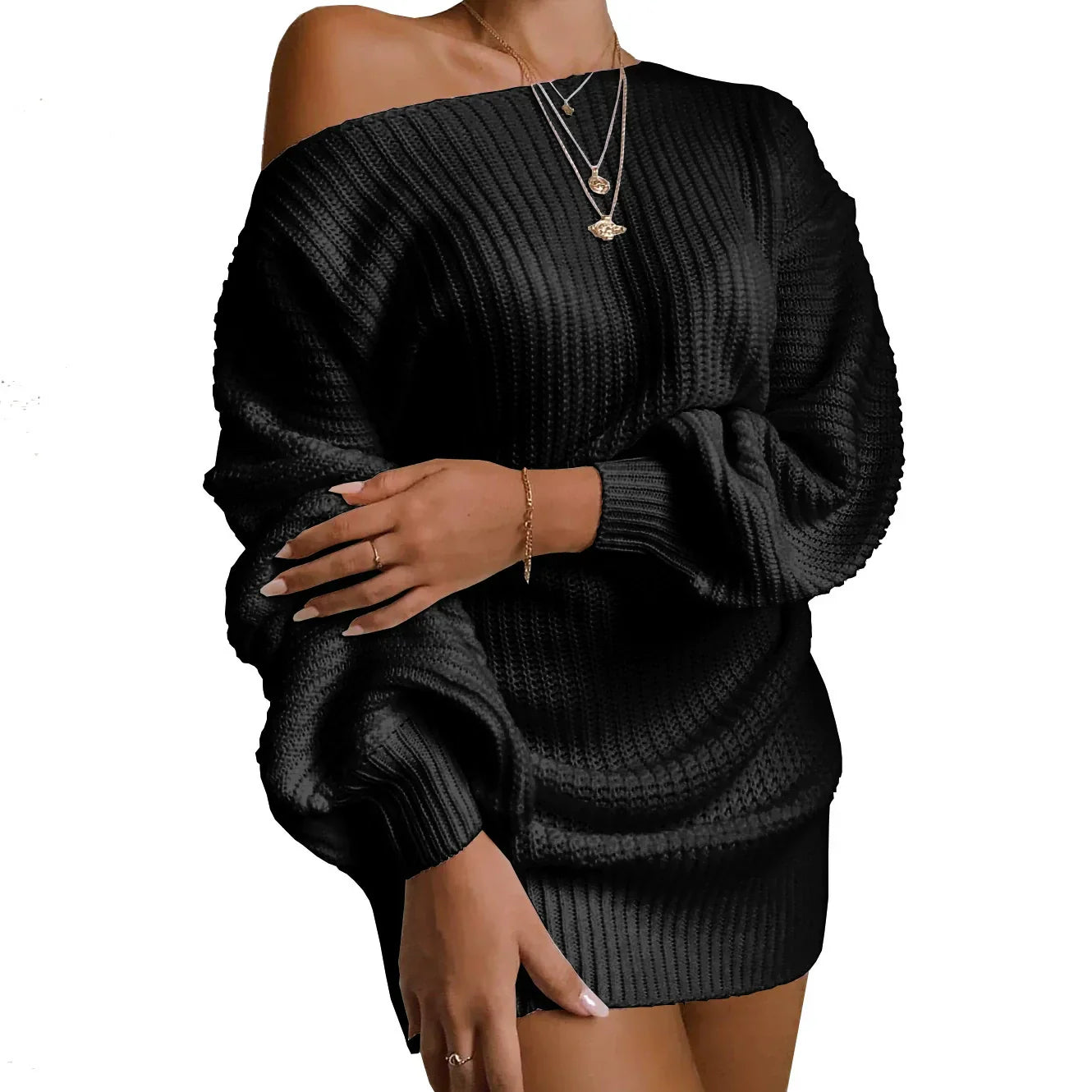 Vestido de punto para mujer – Lana – Hombros descubiertos – Mangas abullonadas – Corte holgado