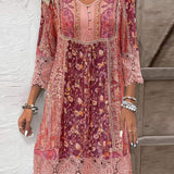 Vestido de mujer - Estilo bohemio - Mangas 3/4 con ribete de encaje - Cuello en V abotonado - Corte fluido