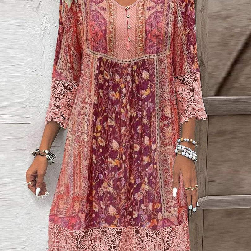 Vestido de mujer - Estilo bohemio - Mangas 3/4 con ribete de encaje - Cuello en V abotonado - Corte fluido