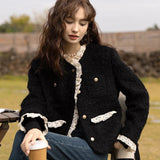 Chaqueta retro de lana con paneles de encaje