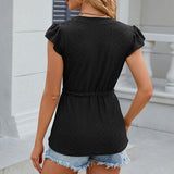 Blusa de mujer – Corte relajado – Tejido calado transpirable – Mangas cortas – Cintura con lazo