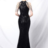 Vestido de noche largo sirena con lentejuelas y espalda abierta
