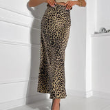 Falda de mujer - Estampado de leopardo - Abertura delantera - Corte ajustado - Tejido fluido