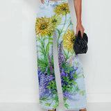 Pantalón de mujer – Talle alto – Corte recto – Detalles desgastados – Estampado floral 3D