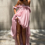 Vestido mini bandeau fluido con dobladillo asimétrico tipo tulipán