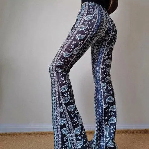 Pantalones acampanados para mujer – Cintura alta – Estampado bohemio – Corte ajustado y cómodo