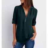 Blusa de mujer – Corte holgado – Tejido transpirable – Media cremallera – Mangas 3/4 enrollables