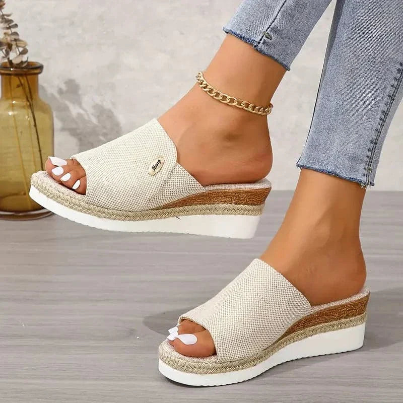 Sandalias de cuña para mujer - Denim - Punta abierta - Suela de plataforma estilo alpargata