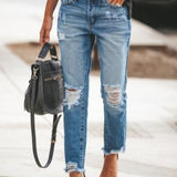 Pantalones vaqueros rotos para mujer – Corte holgado – Largo hasta el tobillo – Estilo casual
