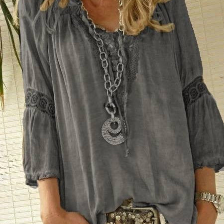 Blusa de mujer – Corte holgado – Detalle de encaje – Mangas 3/4 – Tejido transpirable
