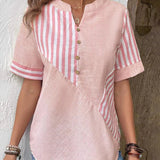 Blusa de mujer - Algodón ligero - Cuello en V redondo con abertura - Mangas cortas - Estilo casual