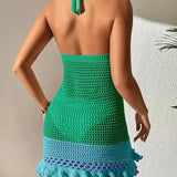 Vestido playero de crochet con volantes, tricolor y espalda descubierta para mujer