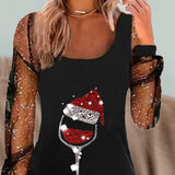 SOPHIA – Elegante vestido navideño con estampado de copas de vino y corte refinado