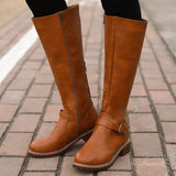 Botas altas para mujer - Piel lisa - Punta redonda - Tacón cuadrado cómodo - Hebilla decorativa