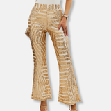 Pantalón de mujer – Cintura alta – Pierna ancha – Lentejuelas geométricas – Largo completo