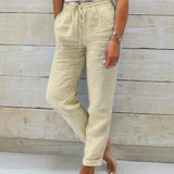 Pantalones de lino para mujer - Cintura elástica con cordón - Corte holgado y transpirable