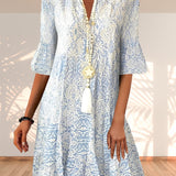 Minivestido para mujer – Corte holgado – Mangas de tres piezas – Cuello en V – Estampado bohemio – Tejido transpirable